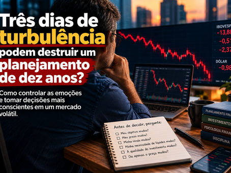 Investidor analisando gráficos financeiros durante uma queda do mercado, representando os desafios emocionais das decisões de longo prazo.