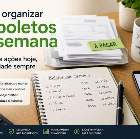 Mesa com boletos organizados, agenda financeira, calculadora e celular mostrando pagamento realizado, representando o controle das contas e a organização financeira semanal.