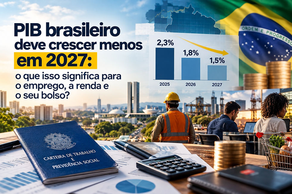 Ilustração da economia brasileira com gráficos de crescimento, trabalhadores e elementos financeiros que representam os possíveis impactos da desaceleração econômica no emprego e na renda.