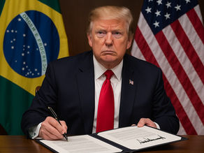 Donald Trump assinando documento oficial com as bandeiras do Brasil e Estados Unidos ao fundo, representando a carta que impôs tarifas de 50% aos produtos brasileiros