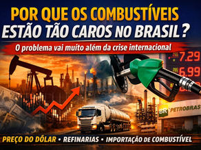 Ilustração mostra aumento dos combustíveis no Brasil com bomba de gasolina, refinaria, caminhão e gráfico de alta, destacando fatores como dólar, refino e importação.