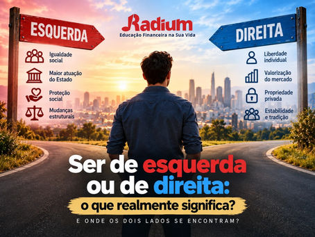 Ilustração sobre esquerda e direita na política, mostrando diferentes visões sobre igualdade, liberdade, Estado, mercado e sociedade.