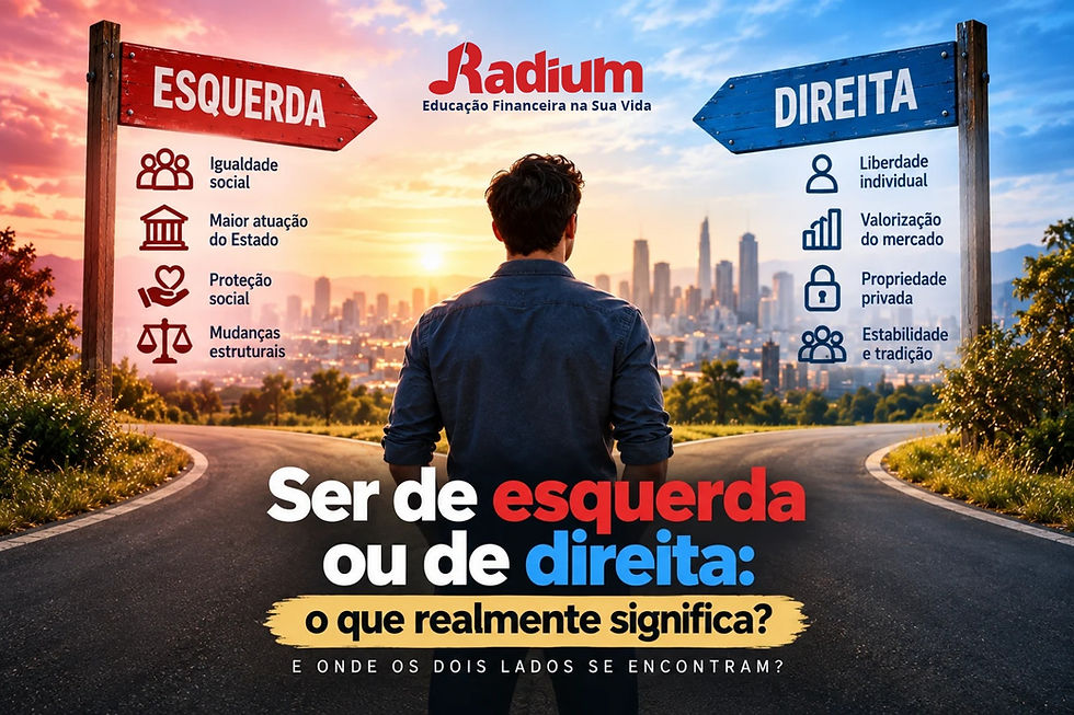 Ilustração sobre esquerda e direita na política, mostrando diferentes visões sobre igualdade, liberdade, Estado, mercado e sociedade.