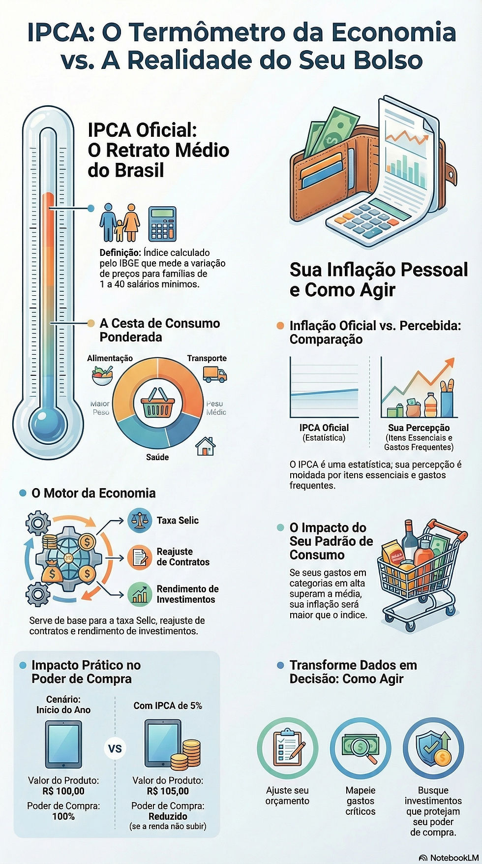 Infográfico sobre o IPCA, comparando inflação oficial e percebida. Gráficos coloridos e ícones ilustram economia e consumo, com dicas de ação.