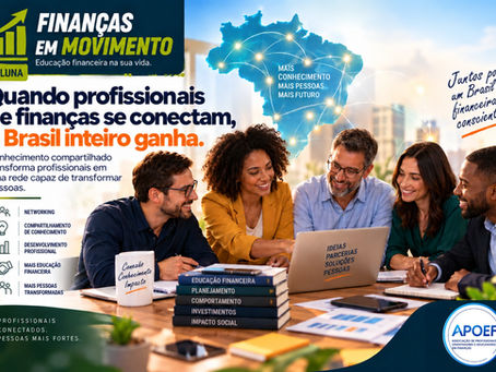 Profissionais de finanças reunidos em uma conexão colaborativa, representando educação financeira, networking, compartilhamento de conhecimento e transformação de pessoas no Brasil.