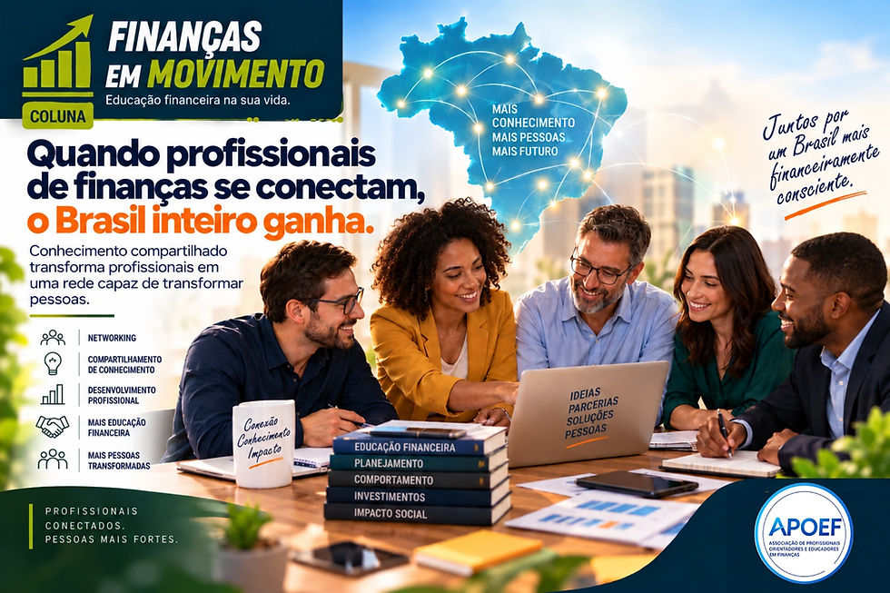 Profissionais de finanças reunidos em uma conexão colaborativa, representando educação financeira, networking, compartilhamento de conhecimento e transformação de pessoas no Brasil.