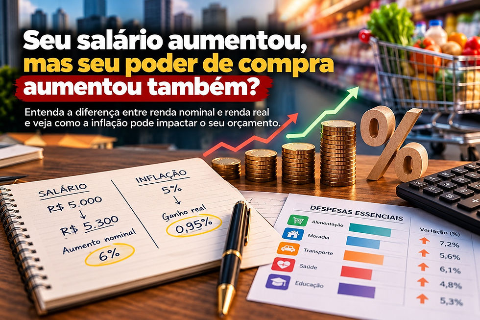 Pessoa analisando salário, despesas e gráficos de inflação para avaliar a evolução do poder de compra.