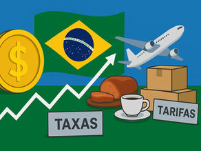 Ilustração com a bandeira do Brasil ao fundo, moedas de dólar, gráfico de crescimento ascendente, avião representando exportações, produtos como pão e café, e placas indicando 'taxas' e 'tarifas', simbolizando os fatores que influenciam a economia brasileira