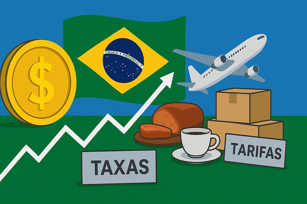 Ilustração com a bandeira do Brasil ao fundo, moedas de dólar, gráfico de crescimento ascendente, avião representando exportações, produtos como pão e café, e placas indicando 'taxas' e 'tarifas', simbolizando os fatores que influenciam a economia brasileira