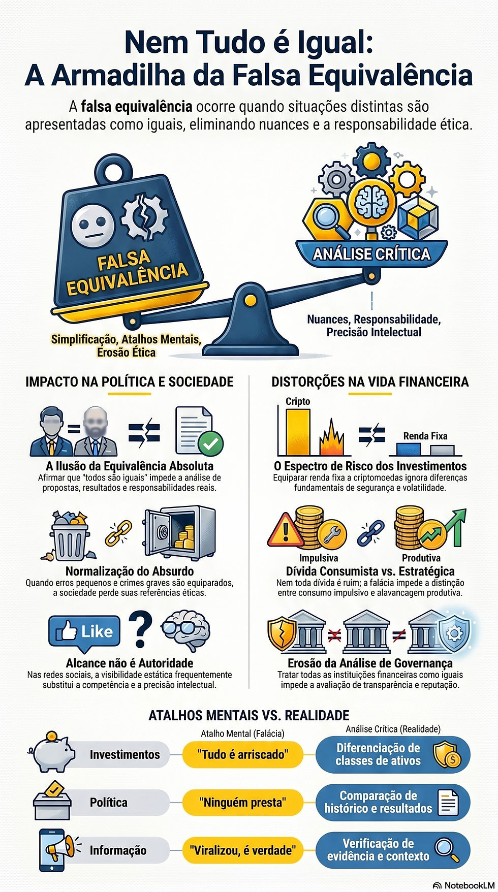 Infográfico sobre a falácia da falsa equivalência mostrando uma balança entre simplificação mental e análise crítica, com exemplos de distorções na política, sociedade e educação financeira, incluindo comparações equivocadas sobre investimentos, dívida, informação e responsabilidade ética.