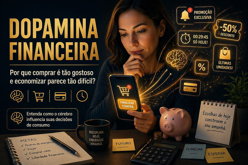 Pessoa olhando para um celular com botão de finalizar compra, cercada por ícones de promoção, desconto, cérebro, cartão e planejamento financeiro, representando dopamina financeira e compras por impulso.