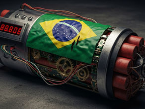 Bomba-relógio envolta na bandeira do Brasil simbolizando a crise da dívida pública acima de 90% do PIB e o impacto da corrupção.