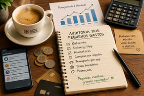 Mesa com uma xícara de café, celular, cartões, moedas e uma lista de auditoria financeira, representando a análise consciente dos pequenos gastos no planejamento financeiro.