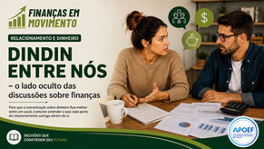 Casal conversa sobre planejamento financeiro em casa, analisando documentos e orçamento, ilustrando a importância do diálogo sobre dinheiro no relacionamento.