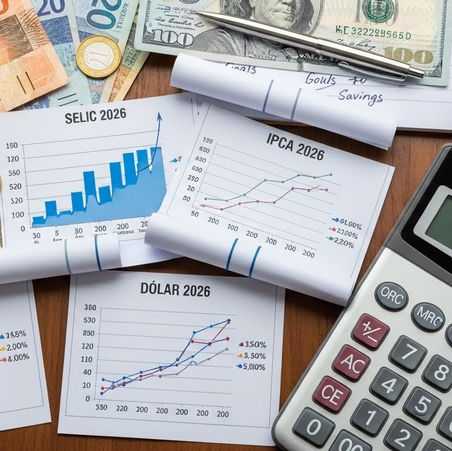 Planejamento financeiro familiar 2026 - calculadora, moedas e gráficos econômicos com dados de Selic, IPCA e dólar