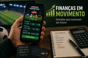 Smartphone com aplicativo de apostas esportivas em frente a um estádio de futebol, ao lado de calculadora, cartão de crédito e caderno de orçamento, representando os riscos das bets para o planejamento financeiro.