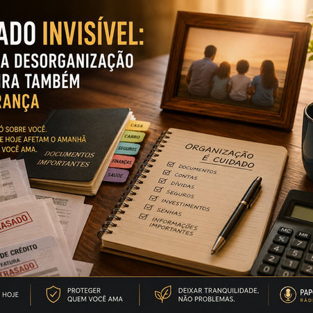 Mesa com documentos financeiros, contas atrasadas, calculadora, caderno de organização financeira e foto de família, representando responsabilidade financeira, planejamento e legado familiar.