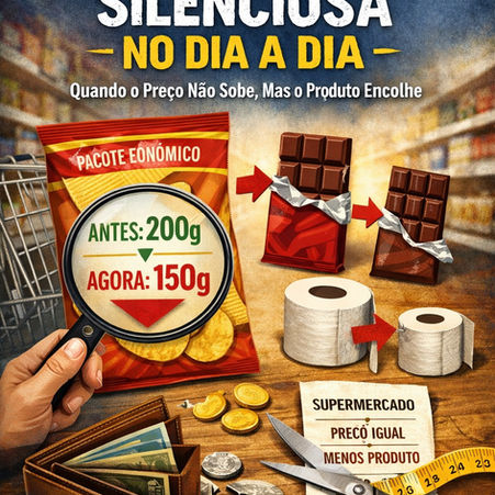 Ilustração mostra produtos de supermercado com embalagens menores, carteira com menos dinheiro e indicação de mesmo preço para menos quantidade, representando a inflação silenciosa no dia a dia.