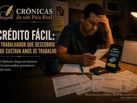Ilustração editorial de um trabalhador analisando contas e documentos sobre uma mesa enquanto observa uma oferta de crédito pré-aprovado, representando os riscos do endividamento e o custo do crédito fácil para as famílias brasileiras.