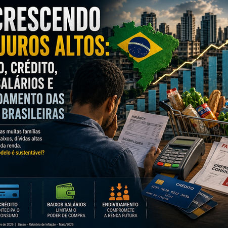 Imagem editorial sobre crescimento do PIB brasileiro com juros altos, mostrando trabalhador analisando holerite e contas, cartão de crédito, consignado, consumo das famílias, gráficos econômicos e indicadores de Selic elevada e aumento do endividamento.