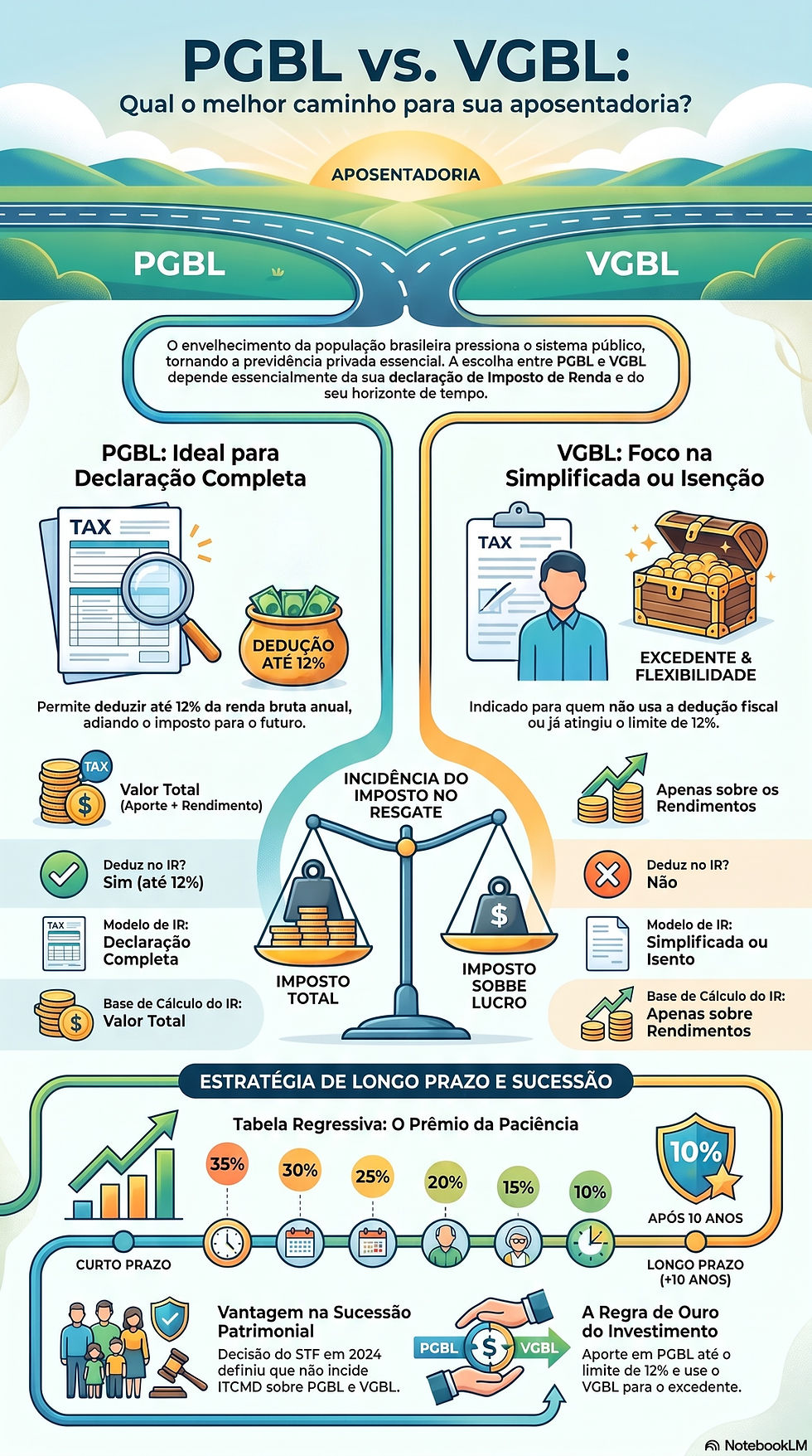 Infográfico colorido comparando PGBL vs VGBL para aposentadoria, com impostos, deduções e regras de longo prazo.
