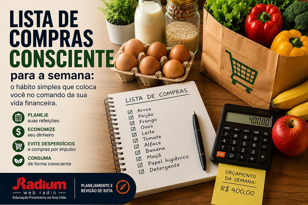 Pessoa organizando uma lista de compras consciente sobre uma mesa com alimentos, calculadora e orçamento semanal, representando planejamento financeiro, consumo consciente e economia no supermercado.