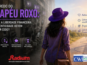 Pessoa usando um chapéu roxo de forma autêntica e confiante, em contraste com símbolos de consumo e comparação social, representando a relação entre autenticidade, comportamento financeiro, liberdade e consumo consciente.