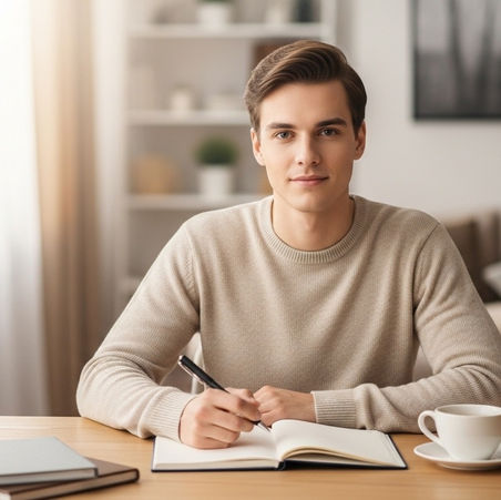 Jovem adulto sentado à mesa em ambiente doméstico aconchegante, escrevendo em um caderno aberto com expressão serena e confiante, ao lado de uma xícara de café e uma planta, representando organização e planejamento financeiro pessoal.