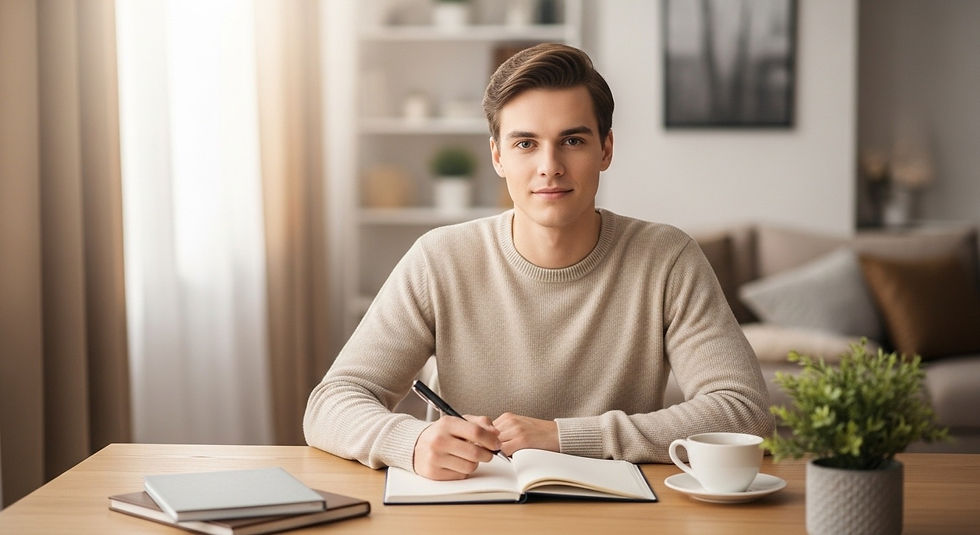 Jovem adulto sentado à mesa em ambiente doméstico aconchegante, escrevendo em um caderno aberto com expressão serena e confiante, ao lado de uma xícara de café e uma planta, representando organização e planejamento financeiro pessoal.