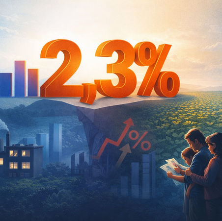 Imagem conceitual sobre o PIB do Brasil em 2025 mostrando o número 2,3% em destaque, com elementos gráficos que remetem a crescimento econômico, mas também a desaceleração, juros altos e impacto no poder de compra das famílias.