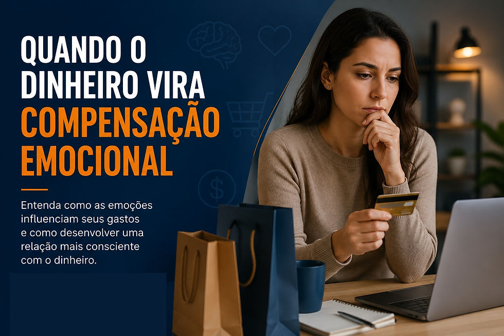 Pessoa refletindo antes de realizar uma compra, representando a relação entre emoções, consumo e planejamento financeiro.