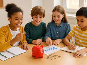 Quatro crianças de diferentes origens étnicas participam de uma atividade de educação financeira com moedas, planilhas e caderno, em sala iluminada.