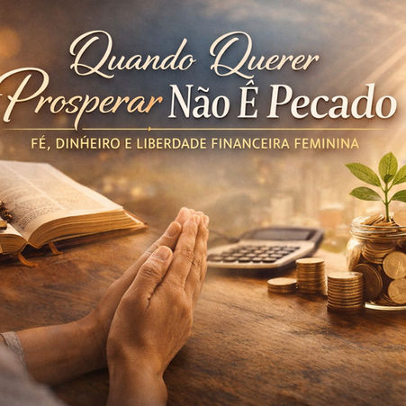 Mulher em momento de oração ao lado de Bíblia e moedas com planta crescendo, representando fé, prosperidade e liberdade financeira feminina.
