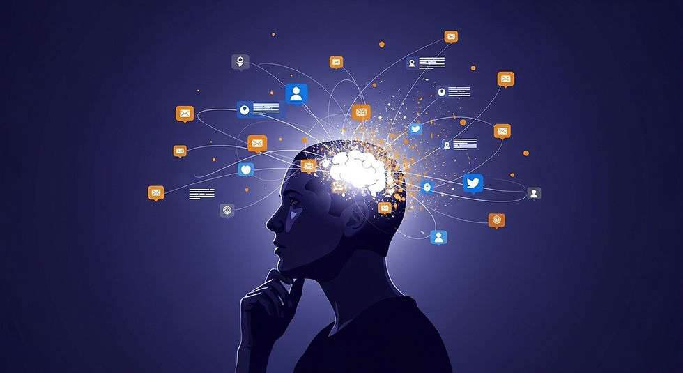 Silhueta de pessoa em reflexão com explosão de luz no cérebro cercada por ícones de redes sociais e informações digitais representando pensamento crítico.