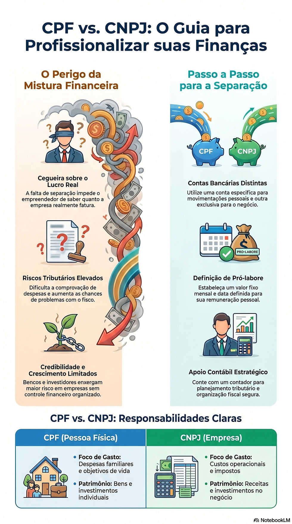 Infográfico sobre CPF vs. CNPJ, separação financeira, contas distintas, pró-labore e responsabilidades claras.