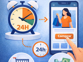Ilustração da regra das 24 horas aplicada a compras online, com relógio e celular representando pausa antes da decisão de compra