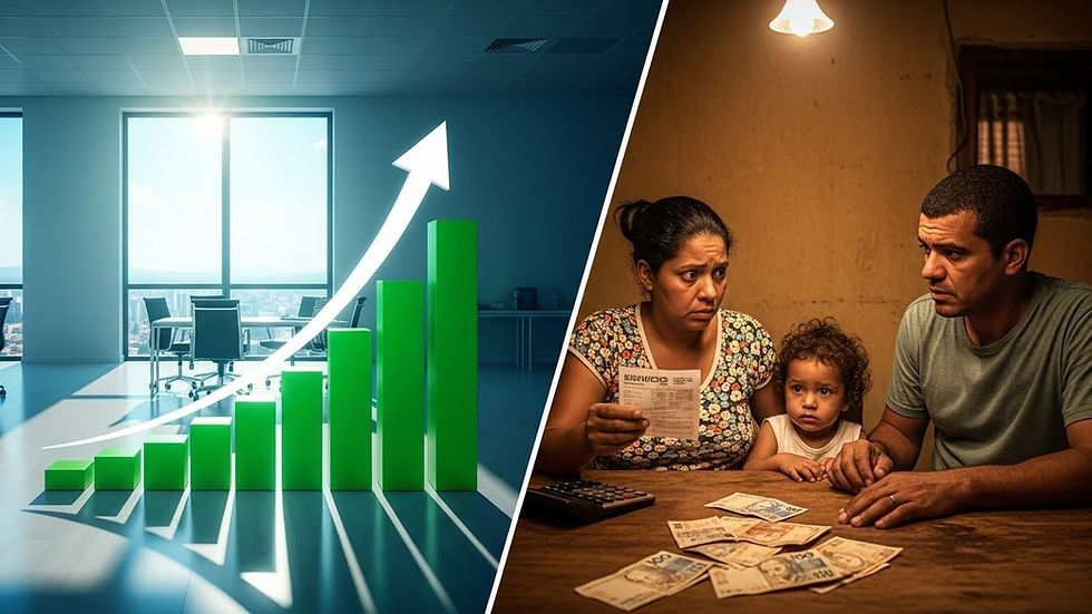 Imagem dividida mostrando contraste entre gráfico de crescimento verde em escritório corporativo e família brasileira preocupada calculando contas com dinheiro escasso sobre mesa