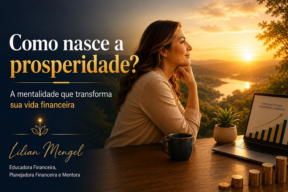 Mulher contemplando o nascer do sol enquanto reflete sobre prosperidade e planejamento financeiro, ao lado de uma xícara de café, um notebook com gráfico de crescimento e moedas empilhadas. A imagem ilustra o conceito de mentalidade de prosperidade apresentado por Lilian Mengel.