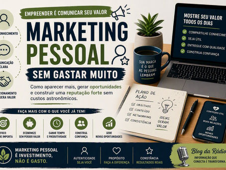 Imagem de capa sobre marketing pessoal sem gastar muito, com ícones de comunicação, relacionamento, confiança, conteúdo útil e geração de oportunidades para carreira e renda