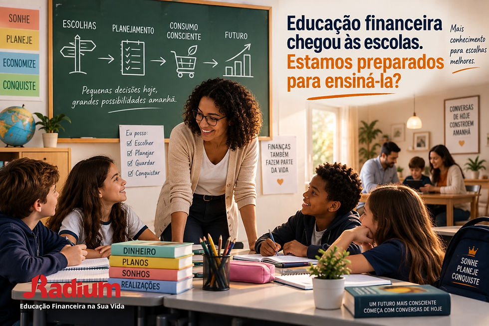 Professora conversando com crianças sobre dinheiro e planejamento financeiro em uma sala de aula.