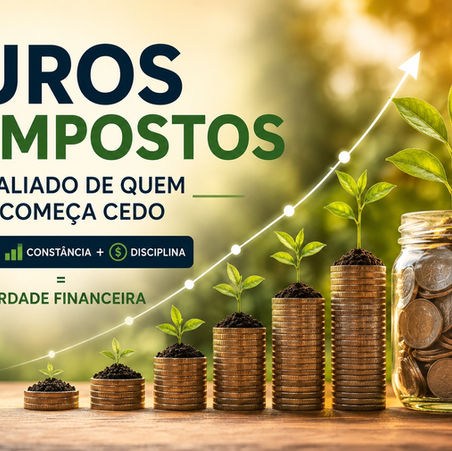 Ilustração representando juros compostos com pilhas crescentes de moedas, plantas em desenvolvimento e gráfico ascendente simbolizando crescimento patrimonial, investimentos de longo prazo e liberdade financeira.