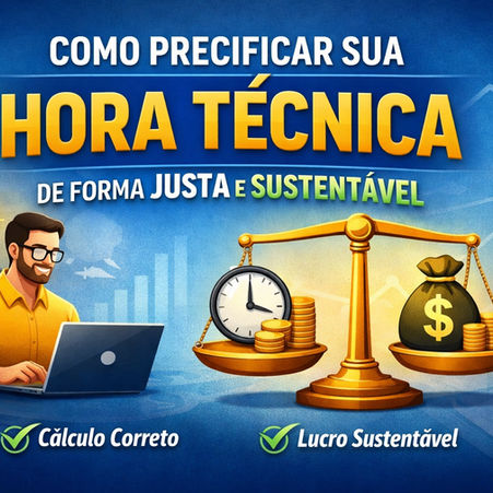 Ilustração de profissional trabalhando no computador ao lado de uma balança equilibrando tempo e dinheiro, representando a precificação justa da hora técnica e lucro sustentável.