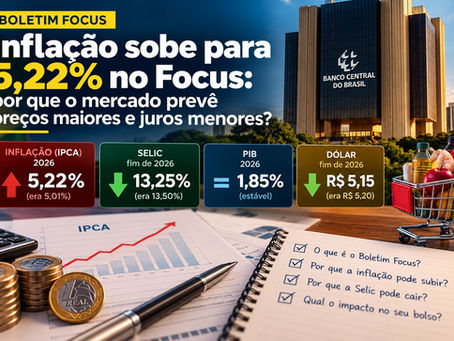 Gráfico com a projeção de inflação de 5,22% e expectativa de Selic de 13,25% para 2026, conforme o Boletim Focus.