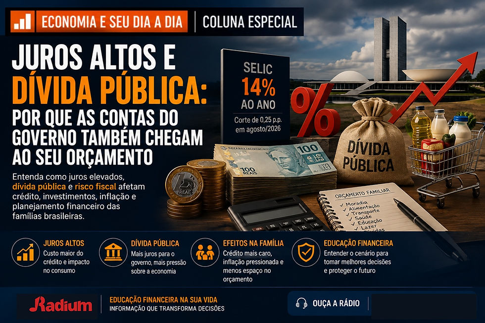 Infográfico editorial sobre juros altos e dívida pública no Brasil, mostrando como a Selic elevada e o endividamento do governo podem afetar crédito, investimentos, inflação e orçamento familiar, com destaque para planejamento financeiro e educação financeira.