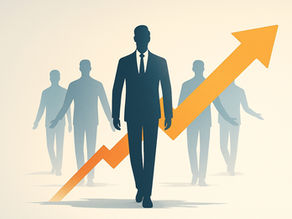 Ilustração de um líder à frente de uma equipe, com seta ascendente simbolizando progresso, liderança eficaz e crescimento organizacional.
