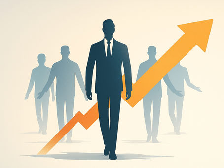 Ilustração de um líder à frente de uma equipe, com seta ascendente simbolizando progresso, liderança eficaz e crescimento organizacional.