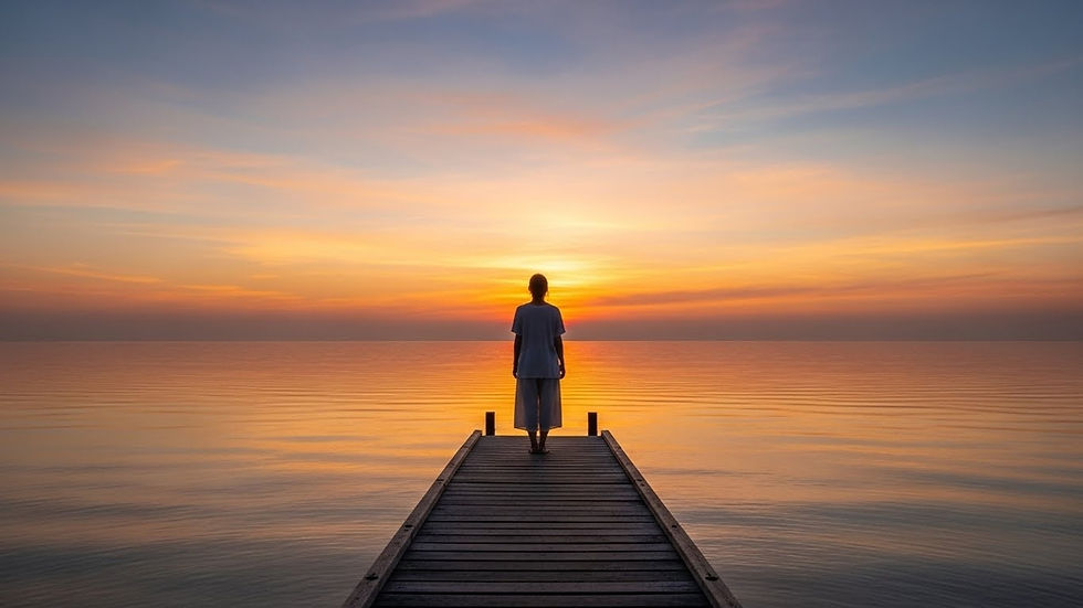 Pessoa de costas observando o nascer do sol sobre o mar calmo em um pier de madeira, representando a filosofia japonesa do ikigai, propósito de vida e reflexão sobre razão de viver