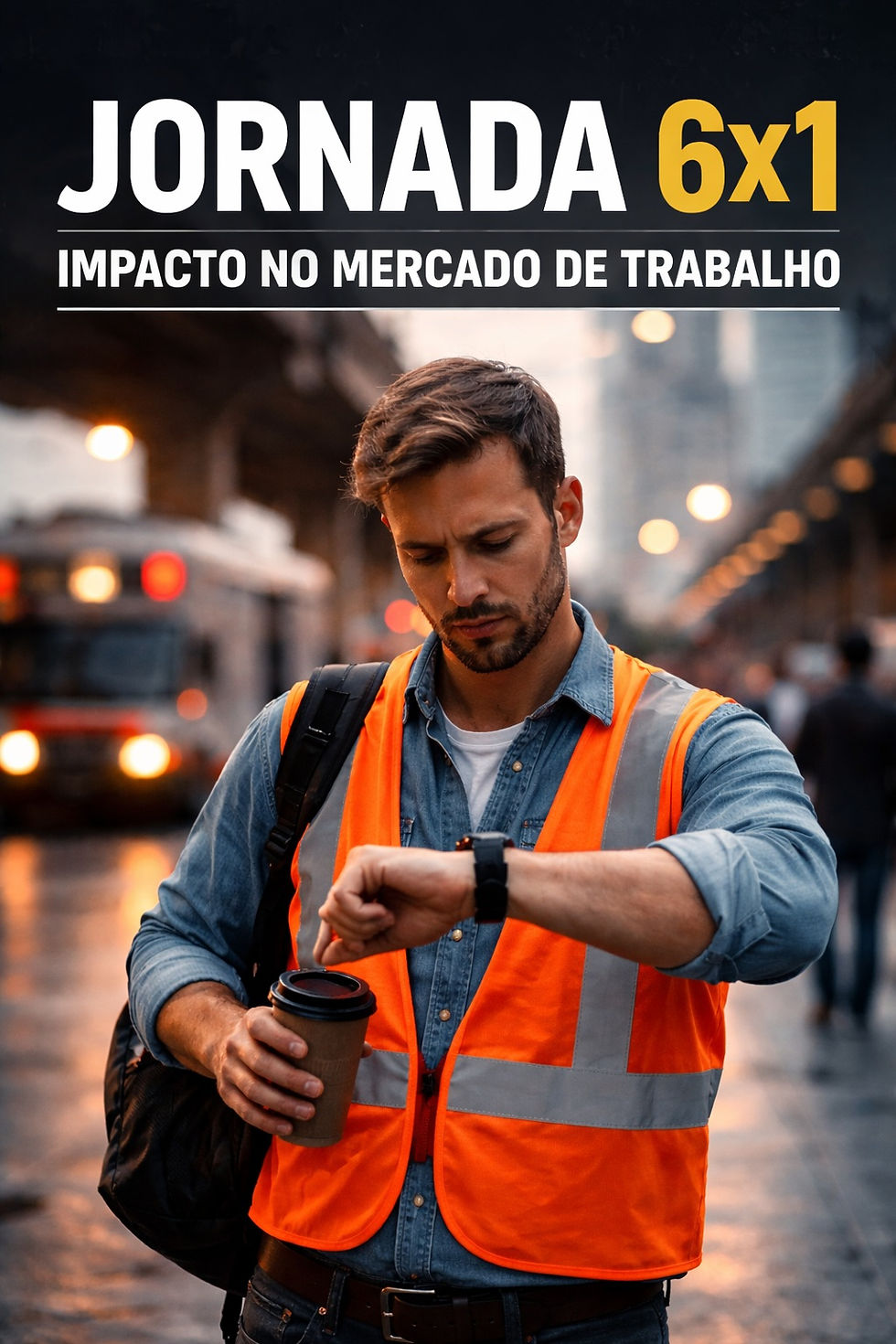 trabalhador verificando o relógio durante jornada 6x1 em ambiente urbano e seus impactos no mercado de trabalho no Brasil