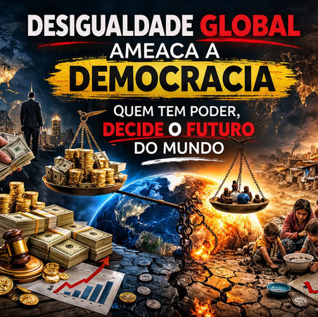 Ilustração sobre desigualdade global mostrando concentração de renda e impacto na democracia com contraste entre riqueza e pobreza