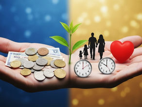 Duas mãos abertas lado a lado: a primeira segura moedas, notas de dinheiro e uma planta brotando; a segunda mostra a silhueta de uma família de mãos dadas, dois relógios e um coração vermelho. Fundo dividido em azul e dourado, representando o equilíbrio entre dinheiro e os valores que ele não compra.